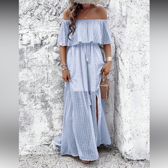 NEW Elegant Off-Shoulder Baby Blue Maxi Dress - Picture 5 of 5